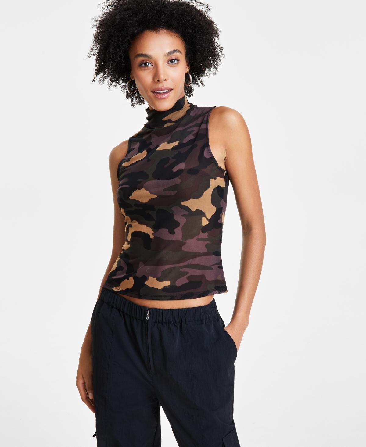 Bar Iii Womens Camo-Print Mock-Neck Mesh Top, Created for Macys Product Image