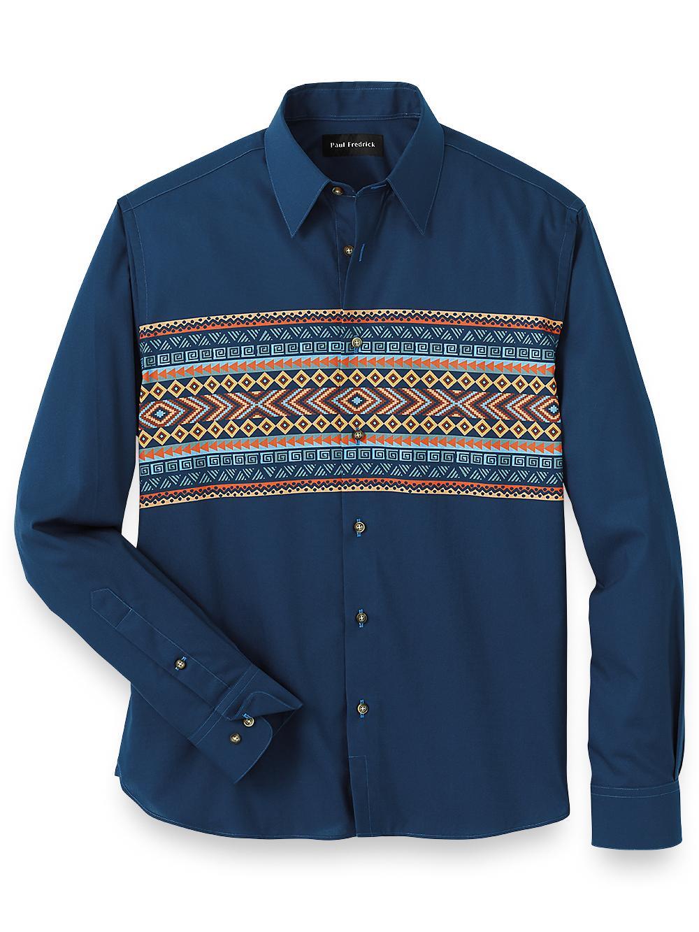 Cotton Stripe Print Casual Shirt - Navy Product Image