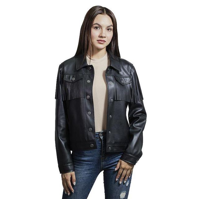 Womens Wrangler Faux Leather Trucker Jacket With Fringe Black Product Image