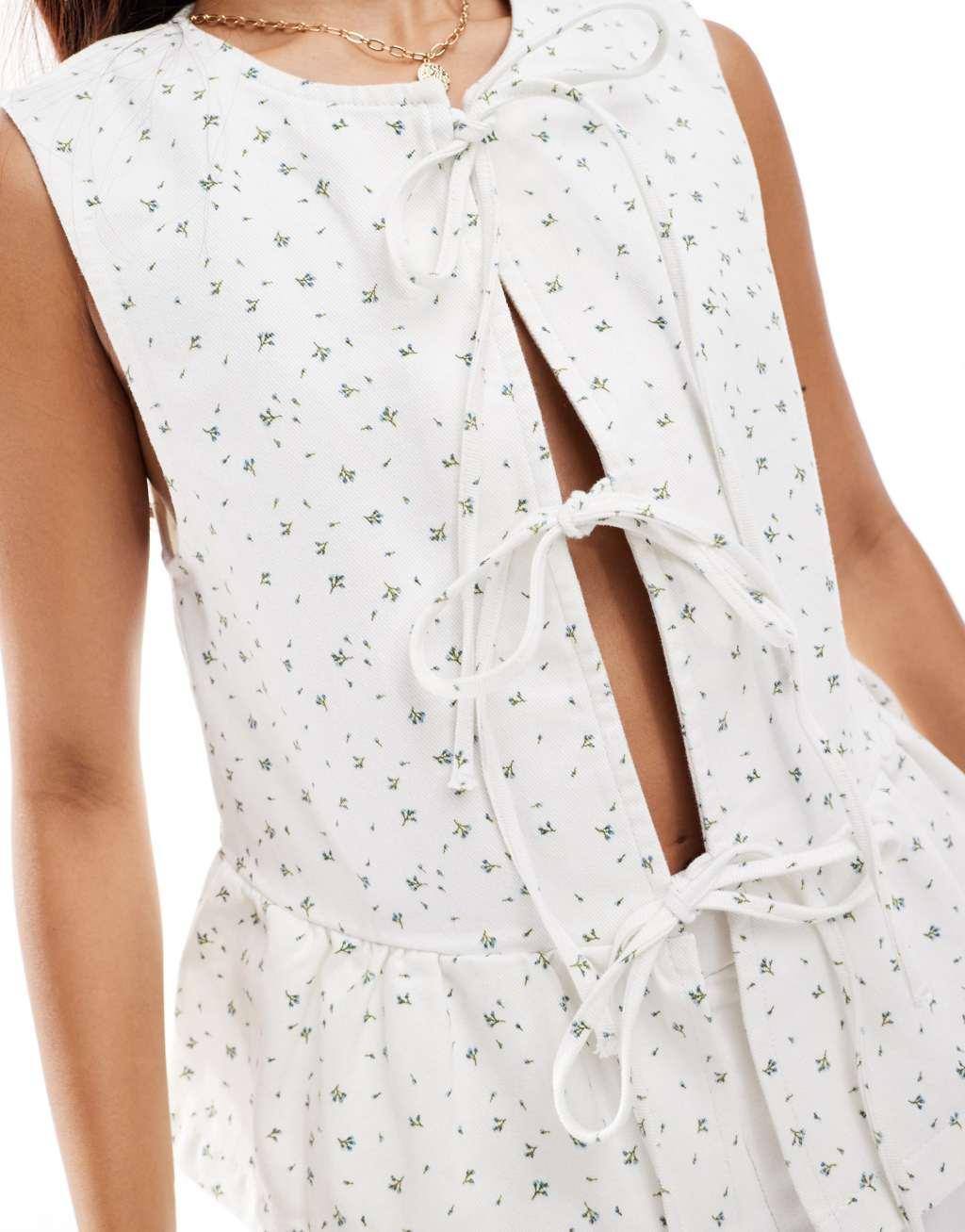 ASOS DESIGN denim tie front top in floral print Product Image