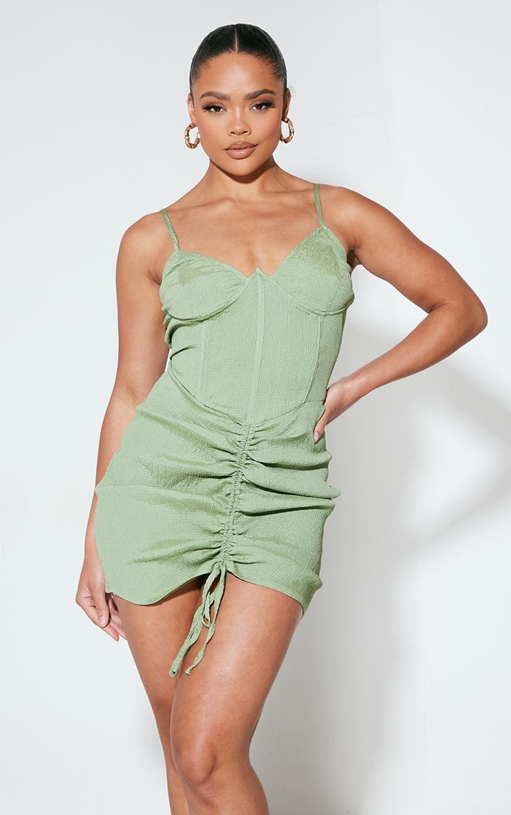 Sage Textured Boning Detail Underwired Ruched Bodycon Dress product image