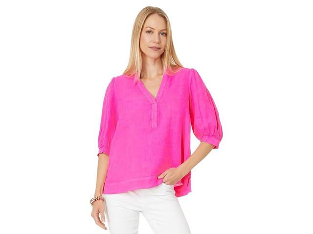 Lilly Pulitzer Mialeigh Elbow Sleeve Linen Top (Passion Fruit Pink) Women's Clothing Product Image