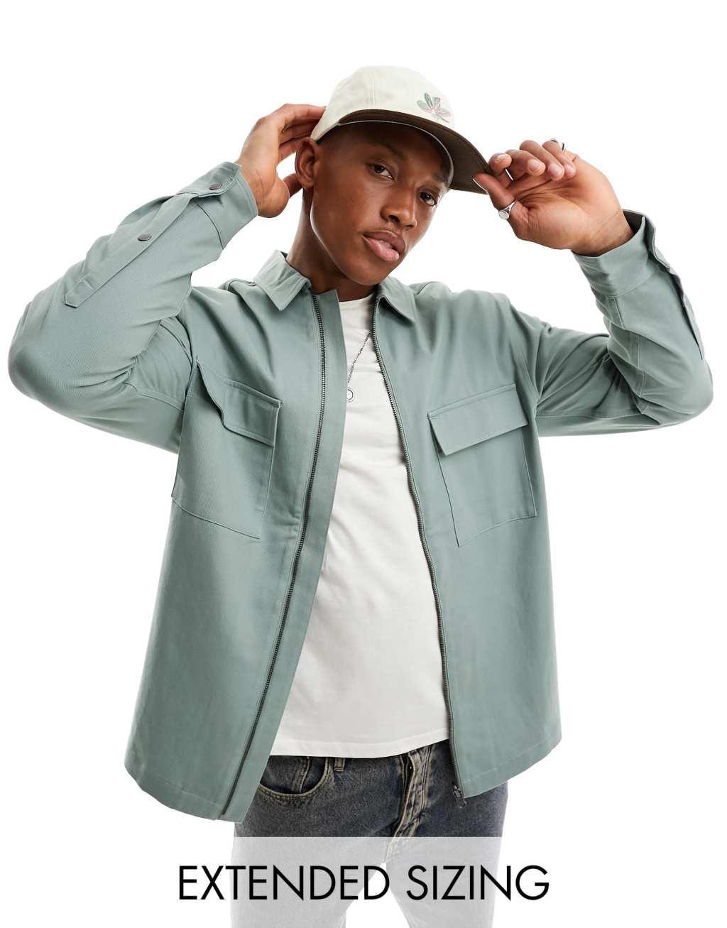 ASOS DESIGN twill zip through overshirt in sage green  Product Image