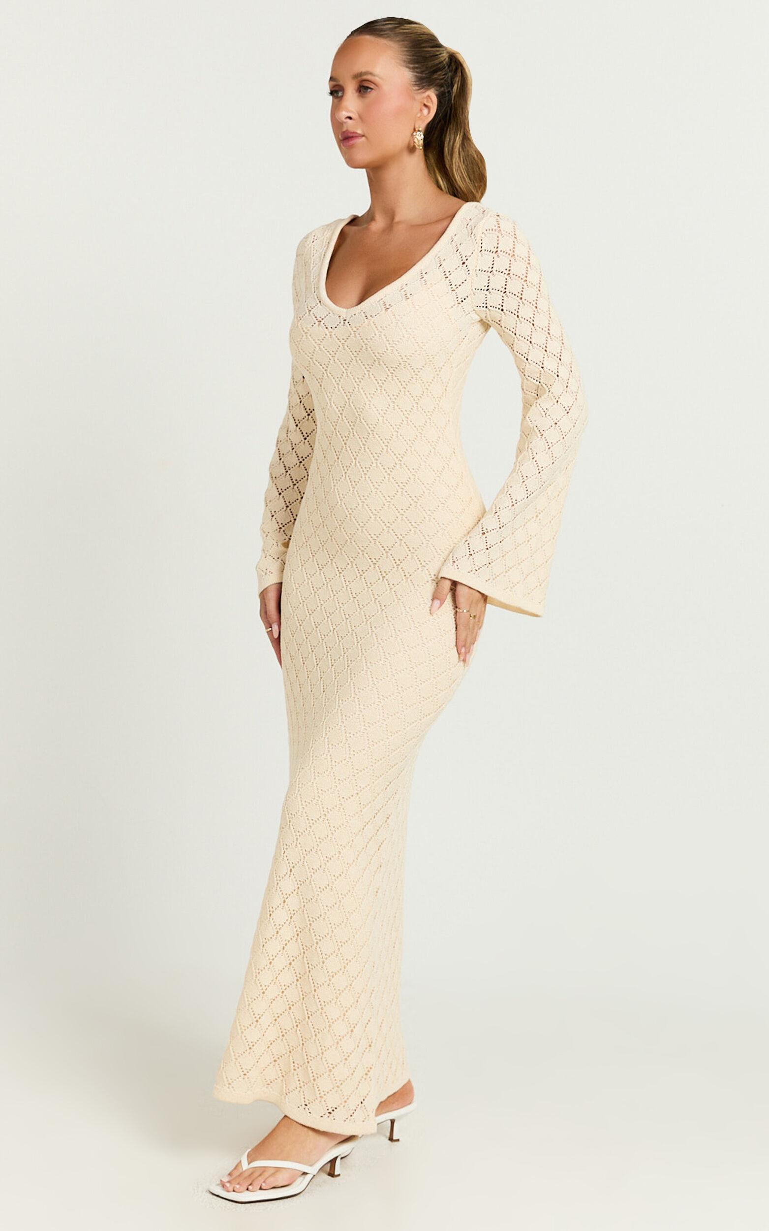 Halsey Maxi Dress - Crochet Scoop Neck Flare Sleeve Dress in Off White Product Image