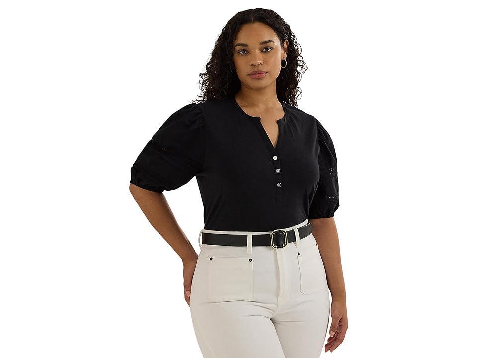 LAUREN Ralph Lauren Plus-Size Lace-Trim Jersey Puff-Sleeve Henley Tee Women's Clothing Product Image