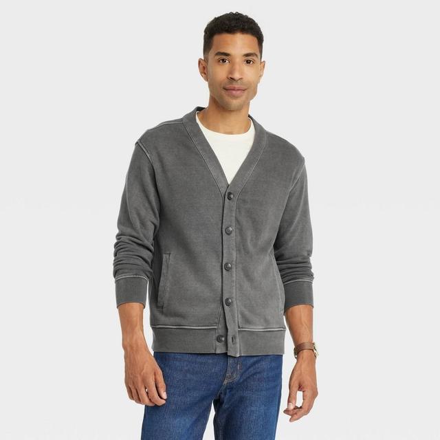 Mens Big & Tall V-Neck French Terry Cardigan - Goodfellow & Co Charcoal Gray LT Product Image