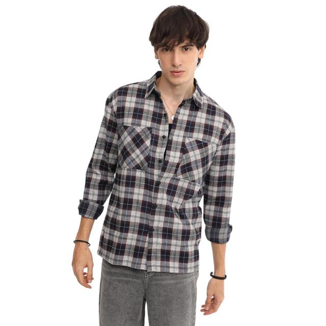 Campus Sutra Mens Navy Blue & Cloud Grey Tartan Plaid Shirt Product Image