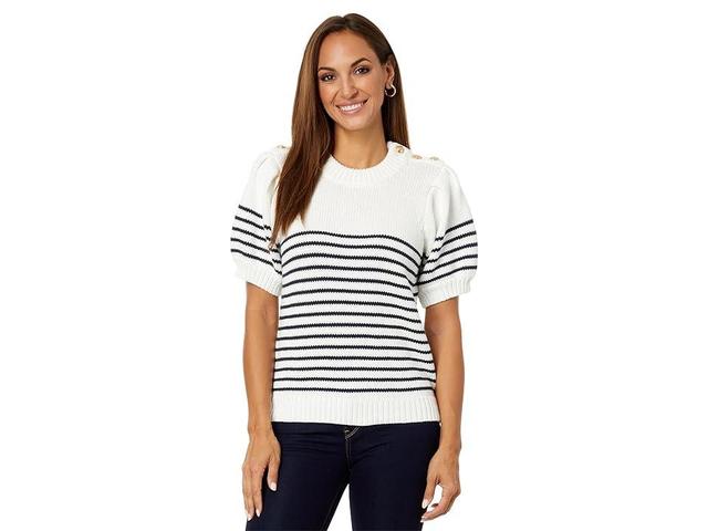 English Factory Striped Short Puff Sleeve Sweater with Buttons (White Women's Clothing Product Image