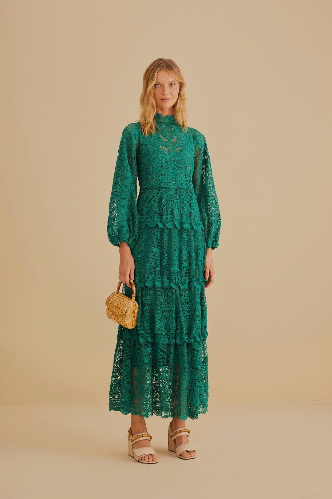 Dark Green Guipure Long Sleeve Maxi Dress Product Image