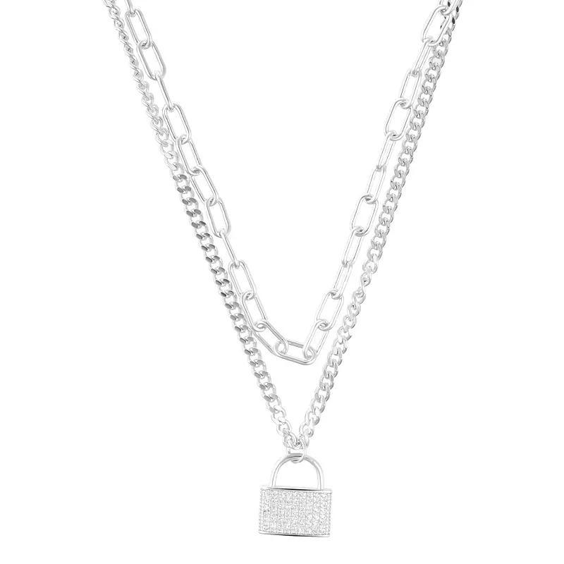 Adornia Adjustable Layered Chain Crystal Lock Necklace, Womens Silver Tone Product Image