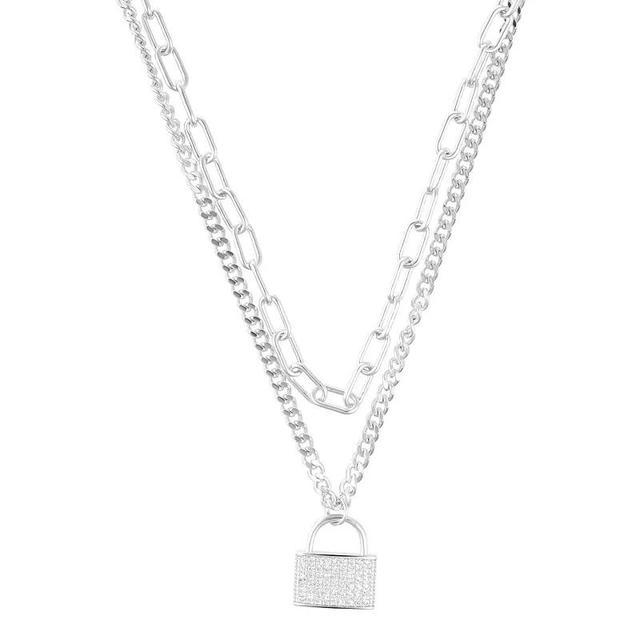 Adornia Adjustable Layered Chain Crystal Lock Necklace, Womens Silver Tone Product Image