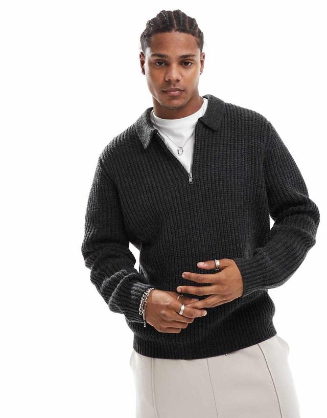 ASOS DESIGN wool mix oversized heavyweight quarter zip rib sweater with collar in charcoal Product Image