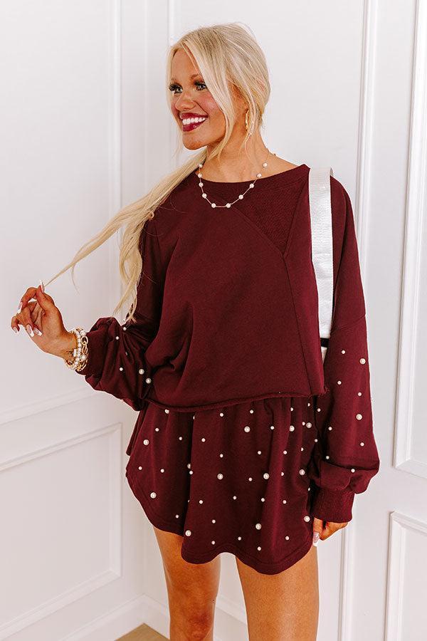 Sideline Chic Pearl Embellished Crop Sweatshirt in Maroon Product Image