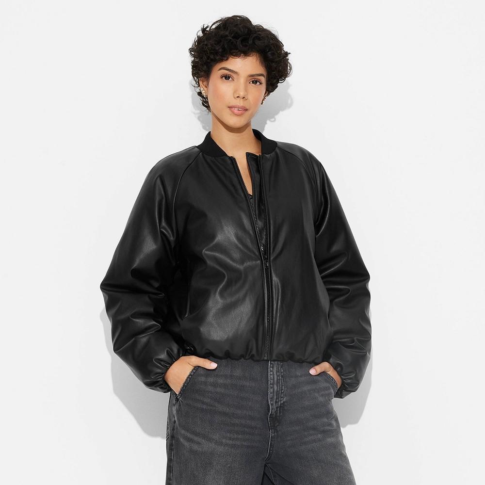 Womens Faux Leather Bomber Jacket - Wild Fable Black Product Image