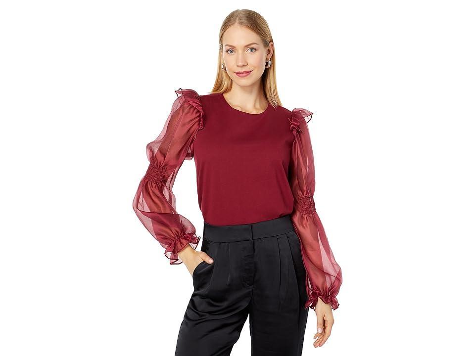 English Factory Organza Mixed Smocked Detail Long Sleeve Top (Wine) Women's Blouse Product Image