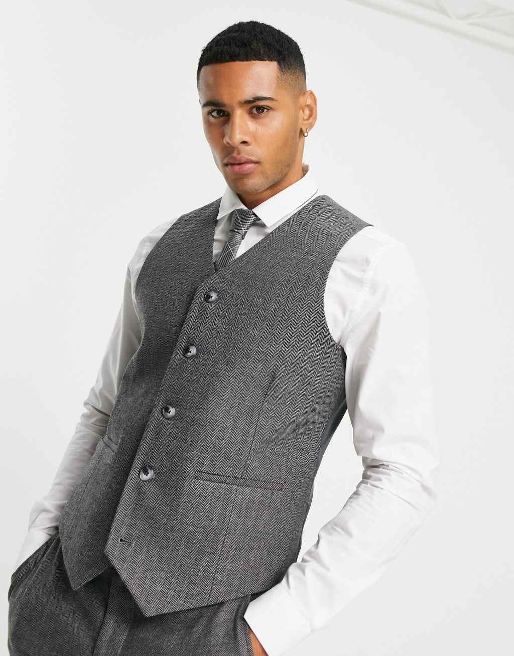 ASOS DESIGN wedding skinny wool mix suit suit vest in charcoal herringbone Product Image