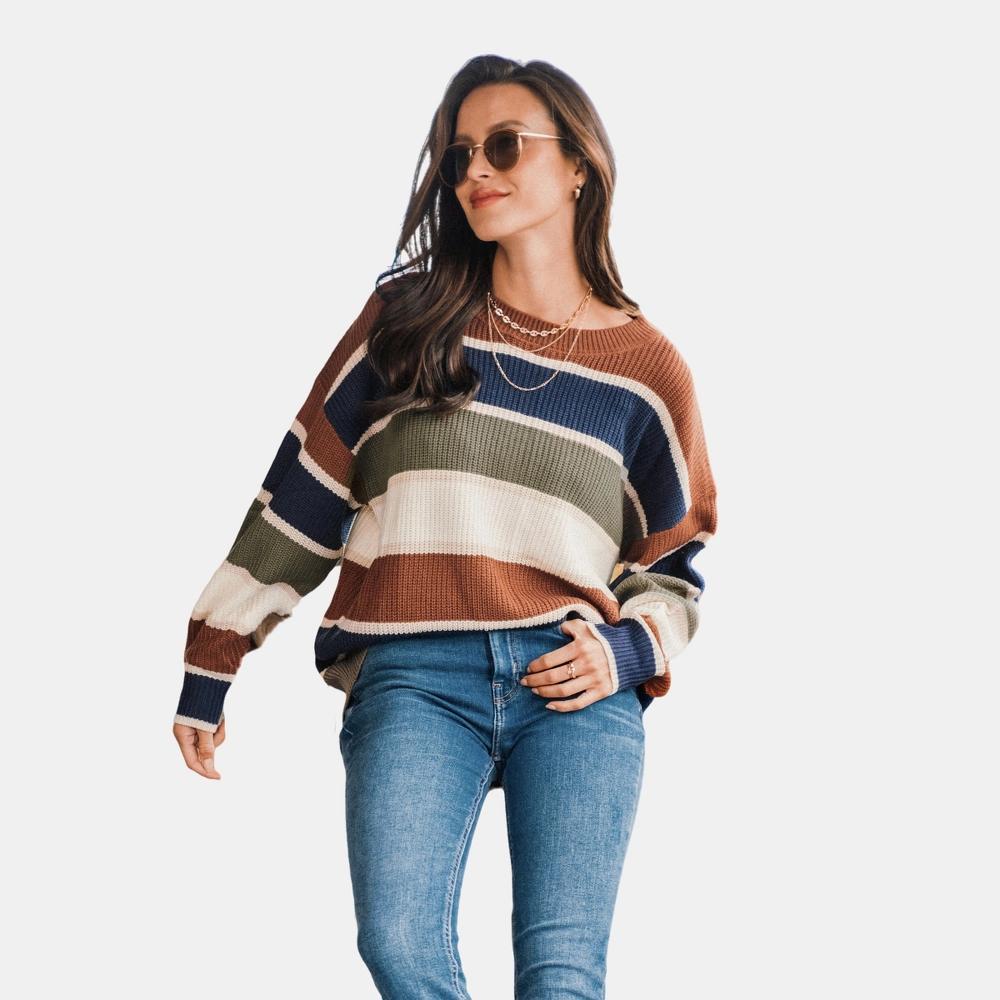 Women's Striped Drop Shoulder Sweater - Cupshe-L-Multicolored Product Image