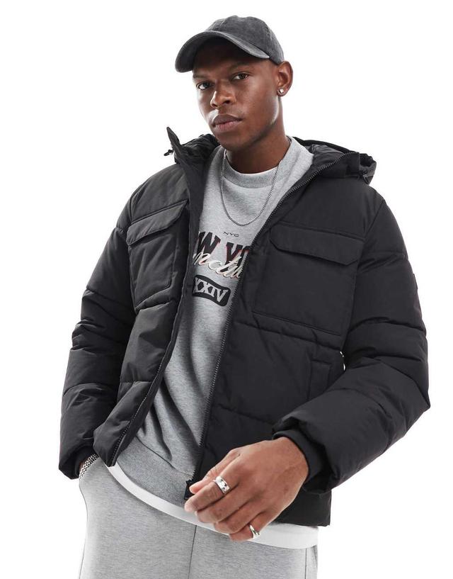 ONLY & SONS padded coat with hood & utility pockets in black Product Image