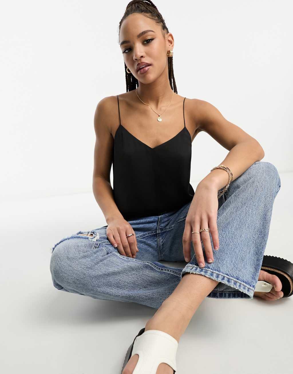 Stradivarius scoop neck satin cami in black Product Image