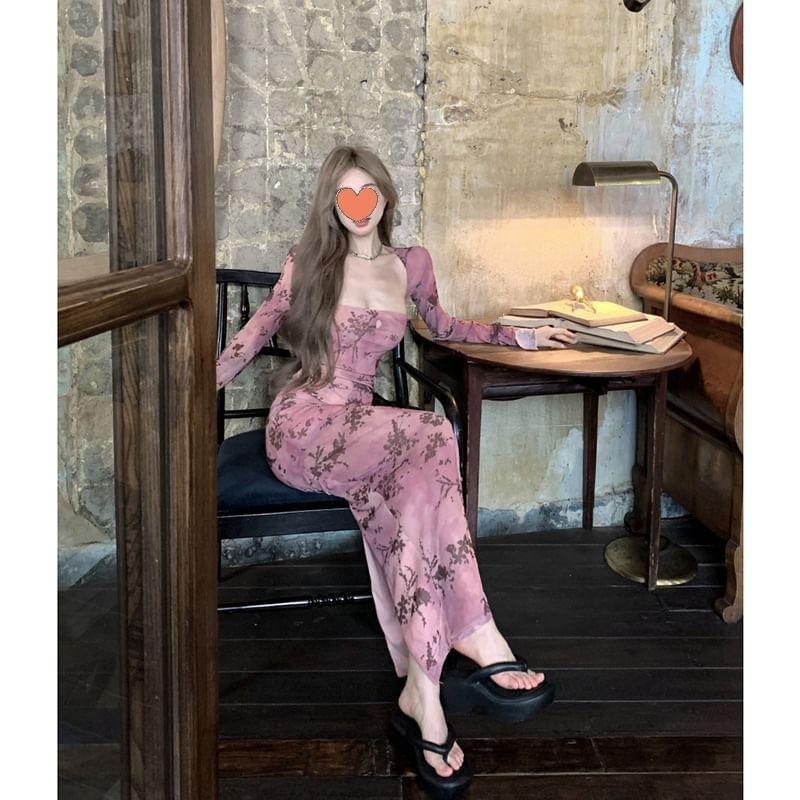 Long Sleeve Square Neck Floral Print Slit Maxi Sheath Dress Product Image