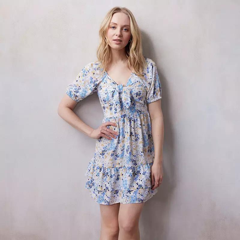 Womens LC Lauren Conrad Tie Neck Short Puff Sleeve Ruffled Mini Dress Product Image