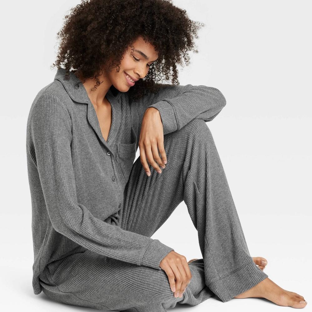 Women's Cozy Ribbed Long Sleeve Notch Collar Shirt and Pants Pajama Set - Auden™ Dark Gray XXL Product Image