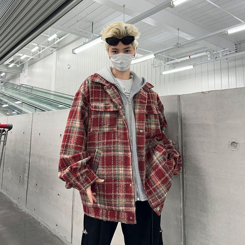 Hooded Mock Two Piece Plaid Oversized Shirt Jacket Product Image