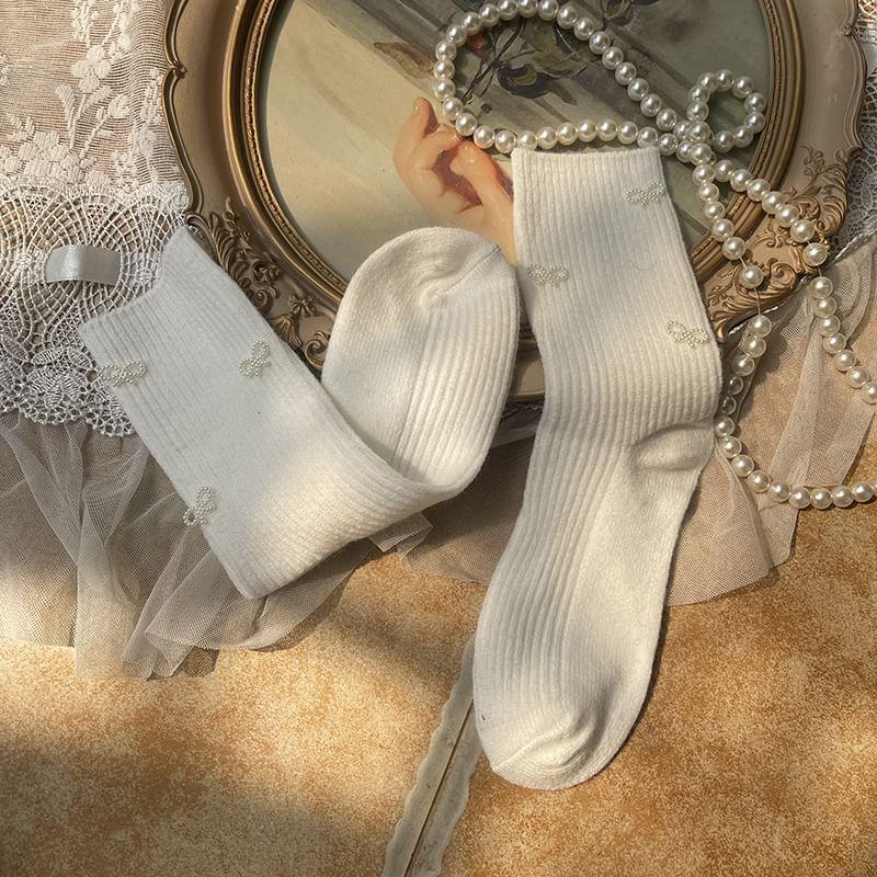 Bow Faux Pearl Ribbed Socks Product Image