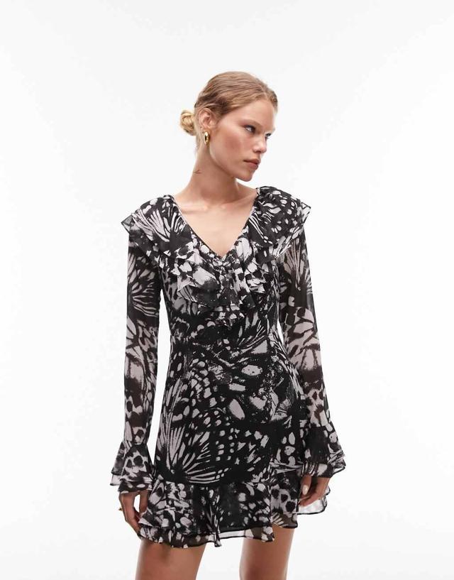 Topshop v neck ruffle mini tea dress in mono animal Product Image