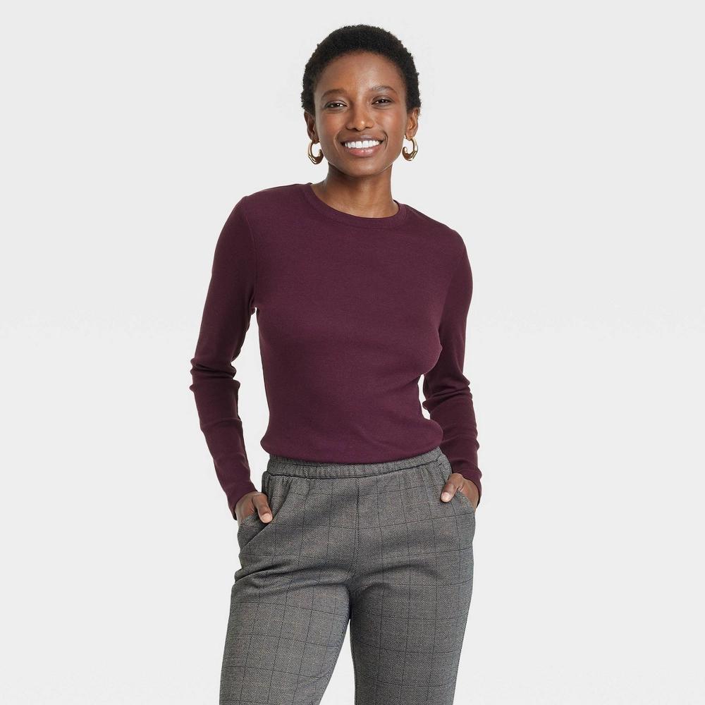 Women's Long Sleeve Ribbed T-Shirt - A New Day™ Burgundy S Product Image