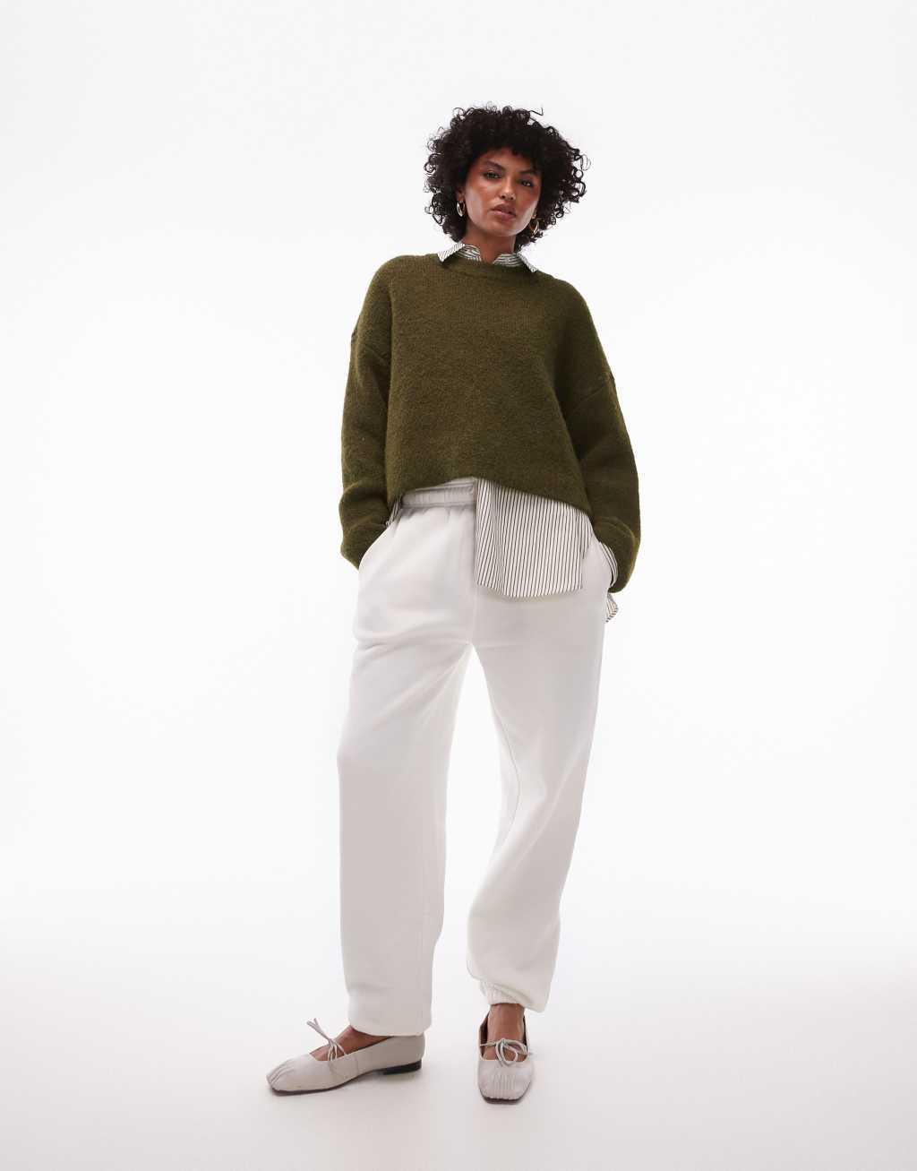 Topshop knit fluffy relaxed ultimate sweater in khaki Product Image