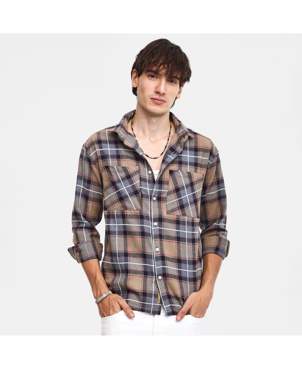 Campus Sutra Mens Icy Blue & Saltbox Beige Tartan Plaid Utility Shirt Product Image