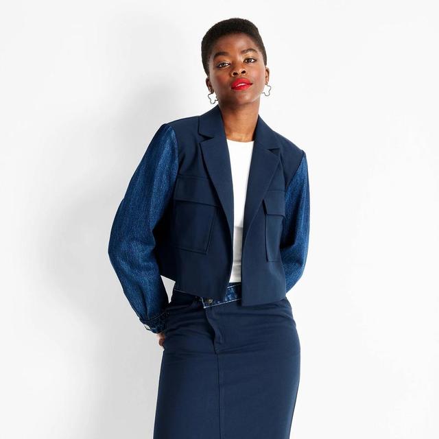 Womens Contrasting Denim Cropped Blazer - Future Collective Navy Product Image