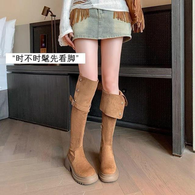 Platform Belted Button Faux Suede Over The Knee Boots Product Image