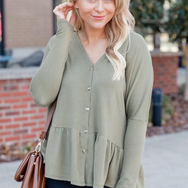 Nothing More Free Olive Brushed Knit Button Front Peplum Top FINAL SALE Product Image