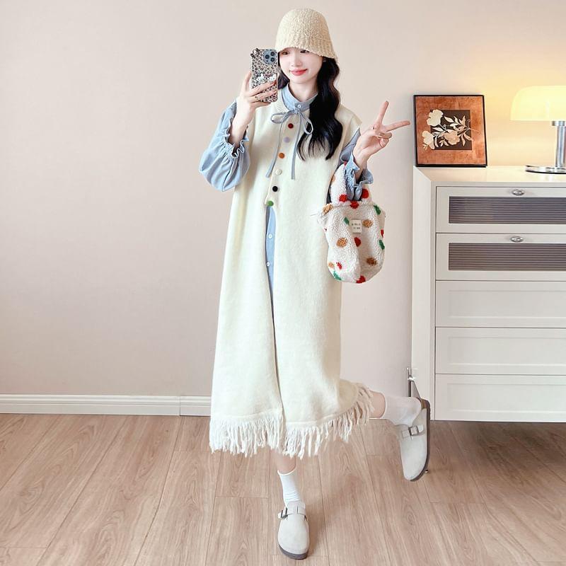 Maternity Sleeveless Slit Hem Pom Pom Knit Maxi A-Line Dress / Long-Sleeve Plain Shirt Dress Product Image