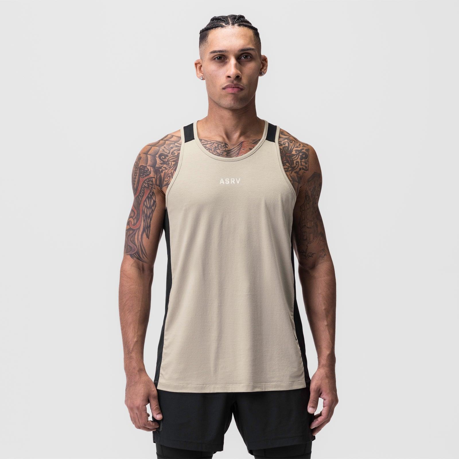 0809. Supima® Mesh Panel Training Singlet  - Sand Smoke Product Image