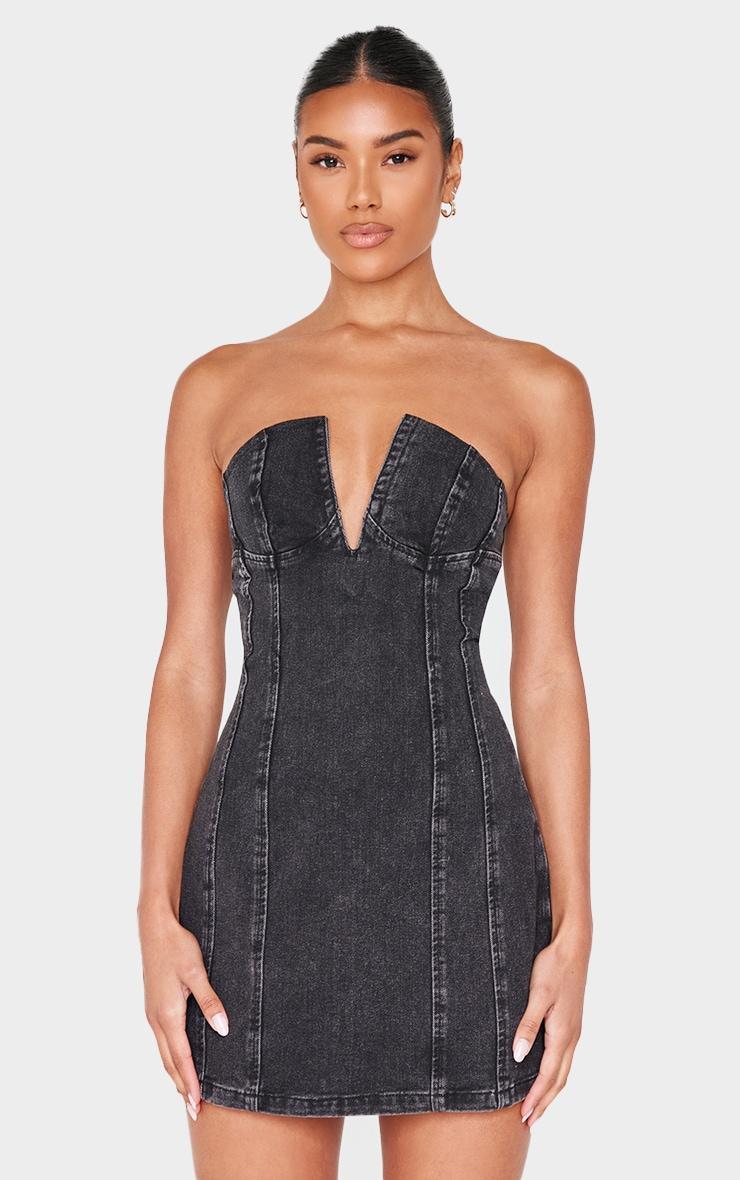 Black Plunge Detail Strapless Denim Mini Dress Product Image