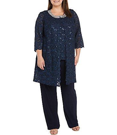 R  M Richards Plus Size 34 Sleeve Embellished Round Neck Lace Duster 3 Product Image