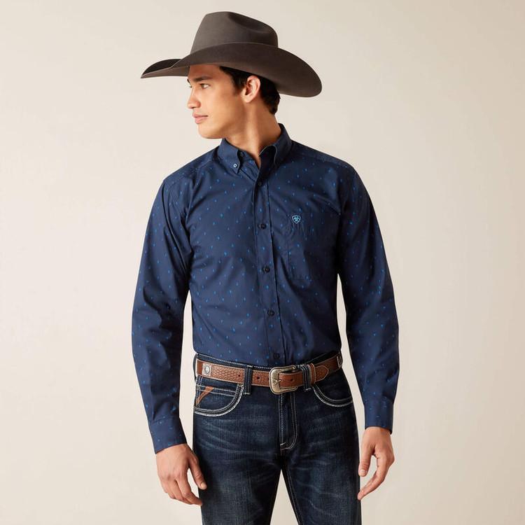 SALE Ariat® Men's L/S Pollerd Fitted Shirt - Navy with Blue Cactus Print SIZE 2XL Product Image