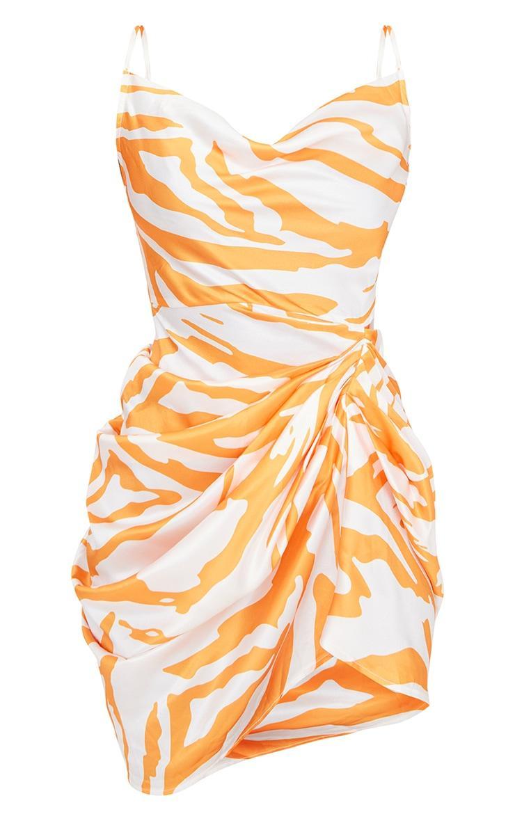 Orange Zebra Print Cowl Neck Satin Draped Bodycon Dress Product Image