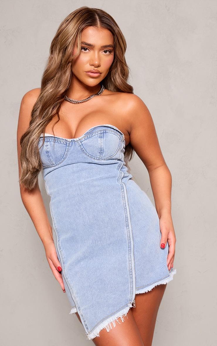 Light Blue Wash Asymmetric Zip Detail Denim Mini Dress Product Image