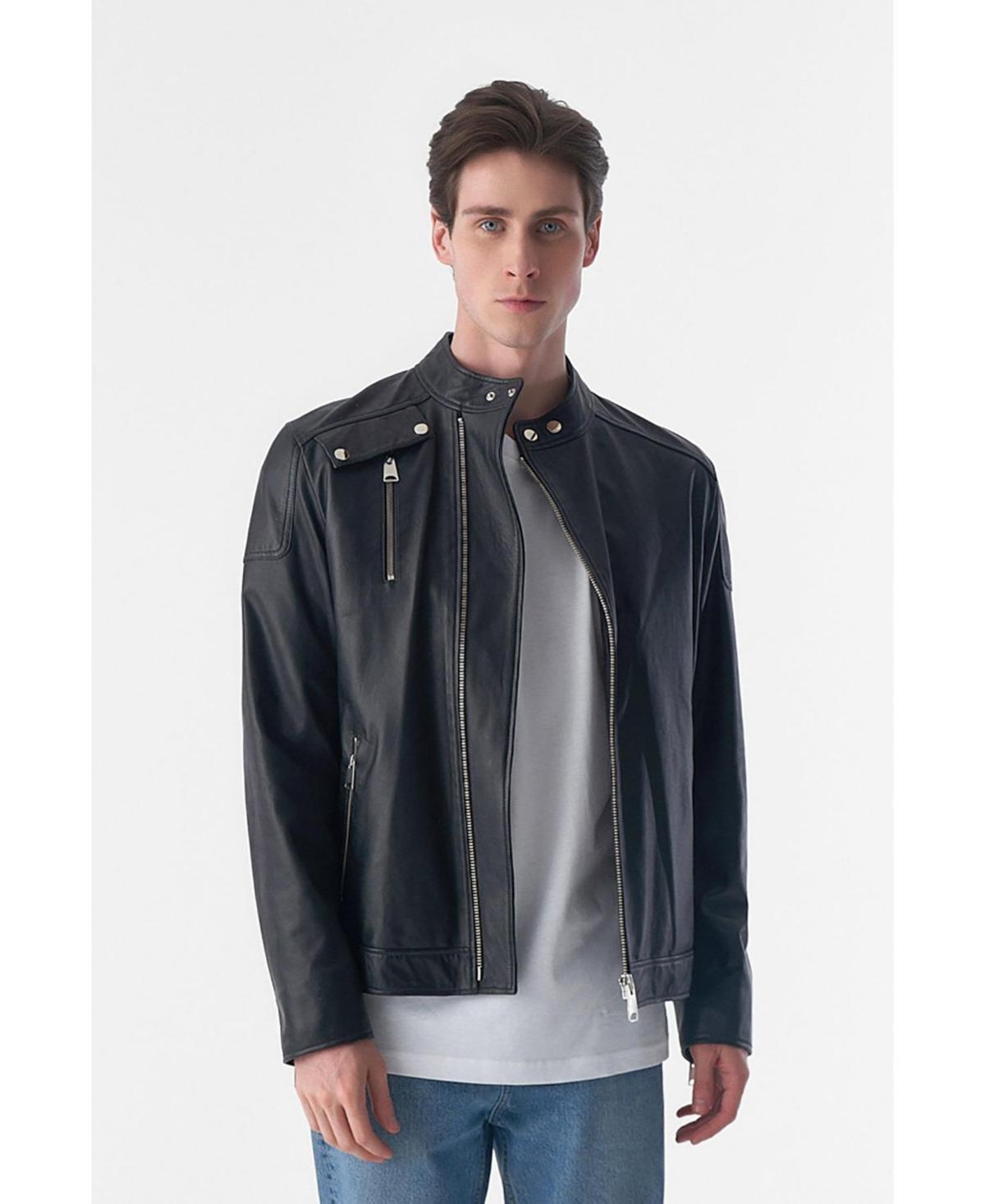 Mens Genuine Leather Snap Detail Jacket Black Product Image