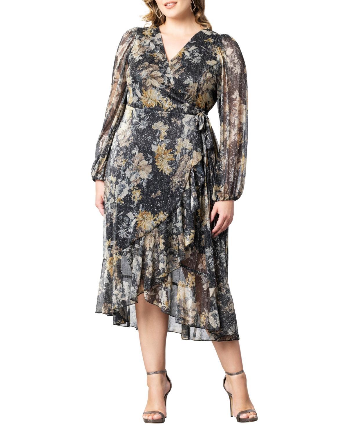 Kiyonna Clara Floral Metallic Midi Wrap Dress Product Image