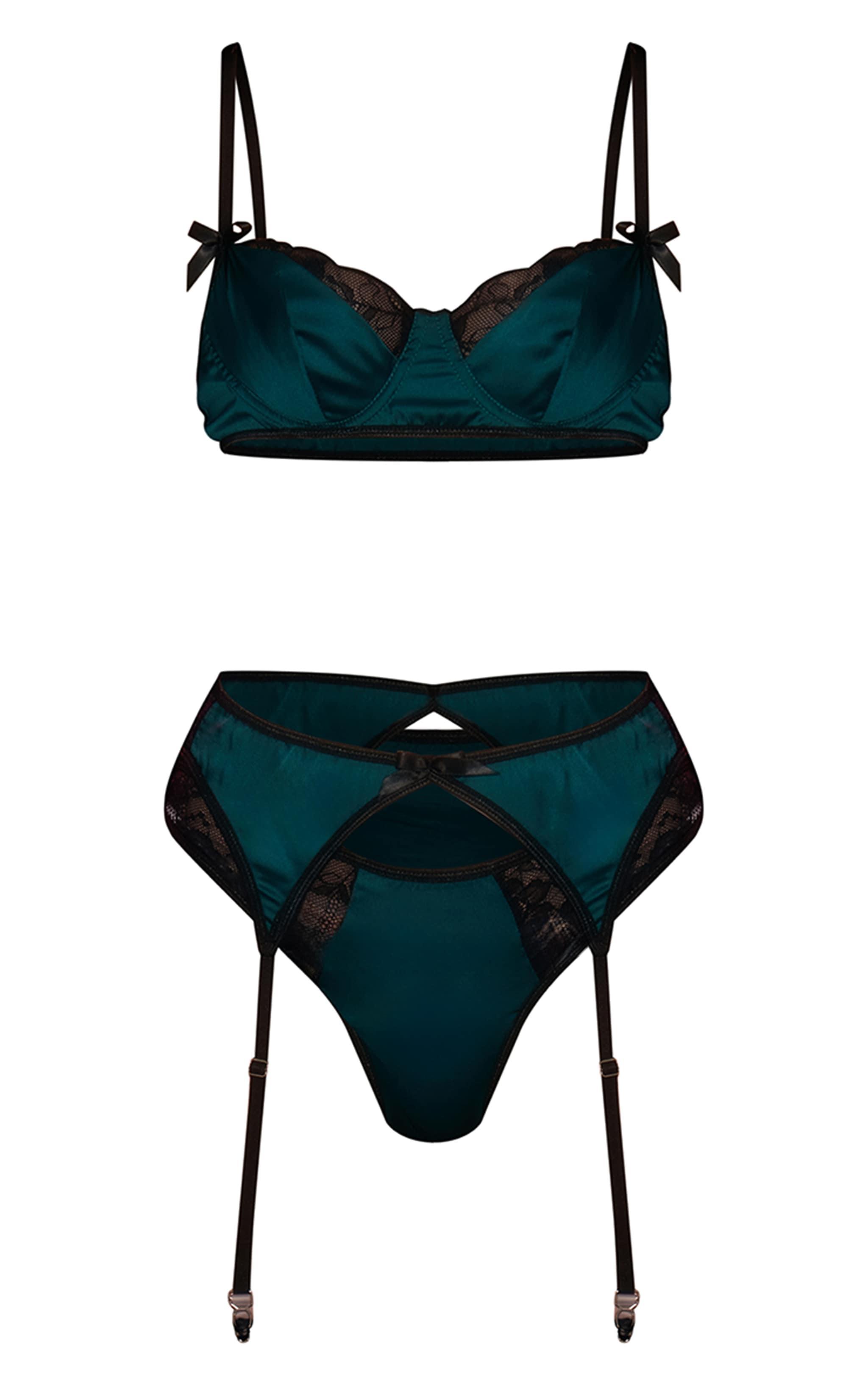 Green Satin Underwired 3 Piece Lingerie Set Product Image