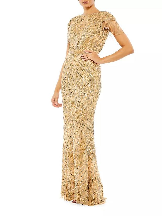 Embellished Fringe Cap-Sleeve Trumpet Gown Product Image