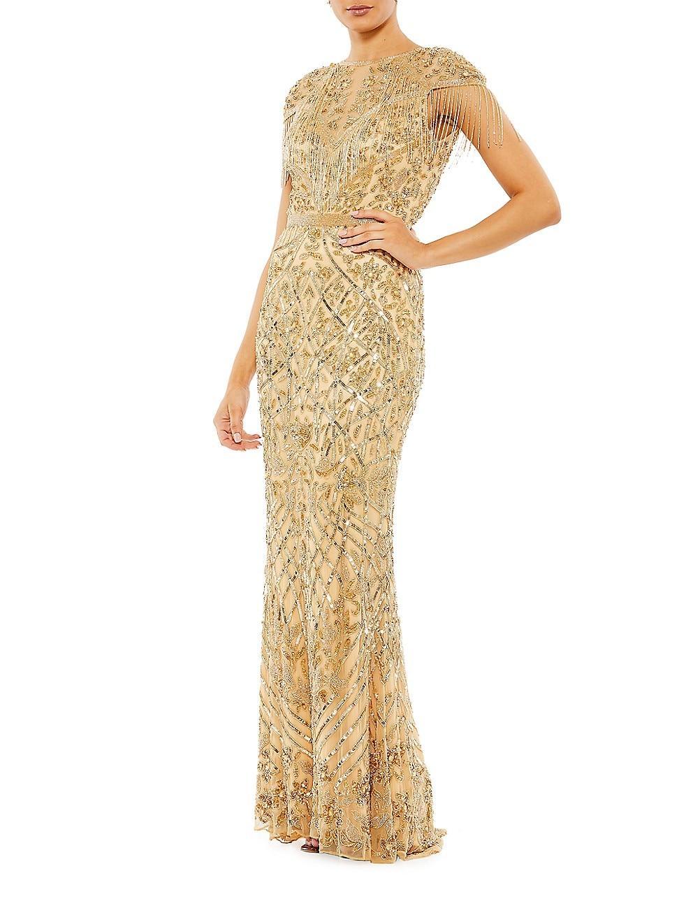 Womens Embellished Fringe Cap-Sleeve Trumpet Gown Product Image