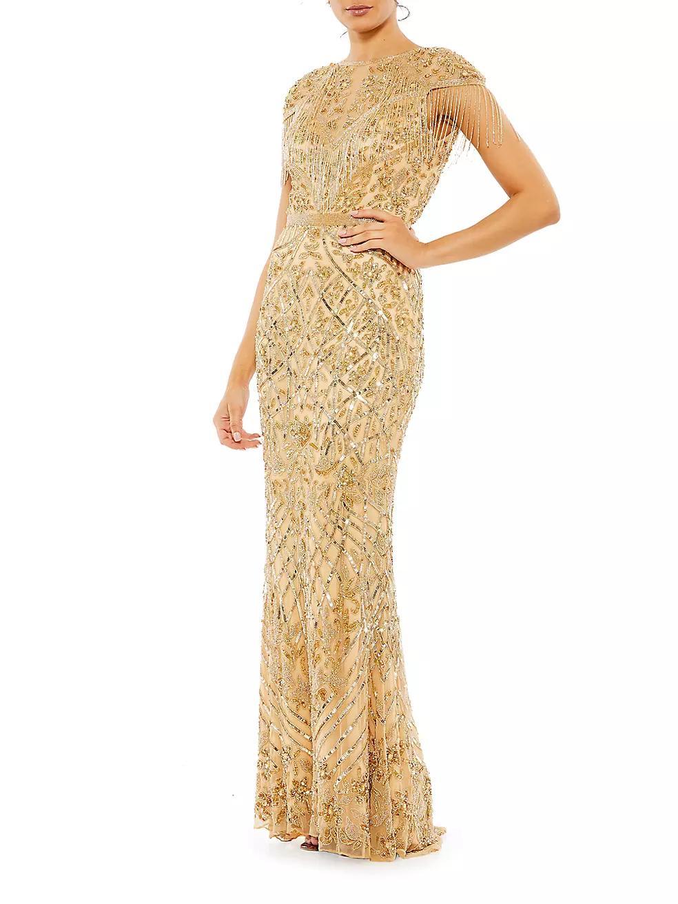 Embellished Fringe Cap-Sleeve Trumpet Gown Product Image