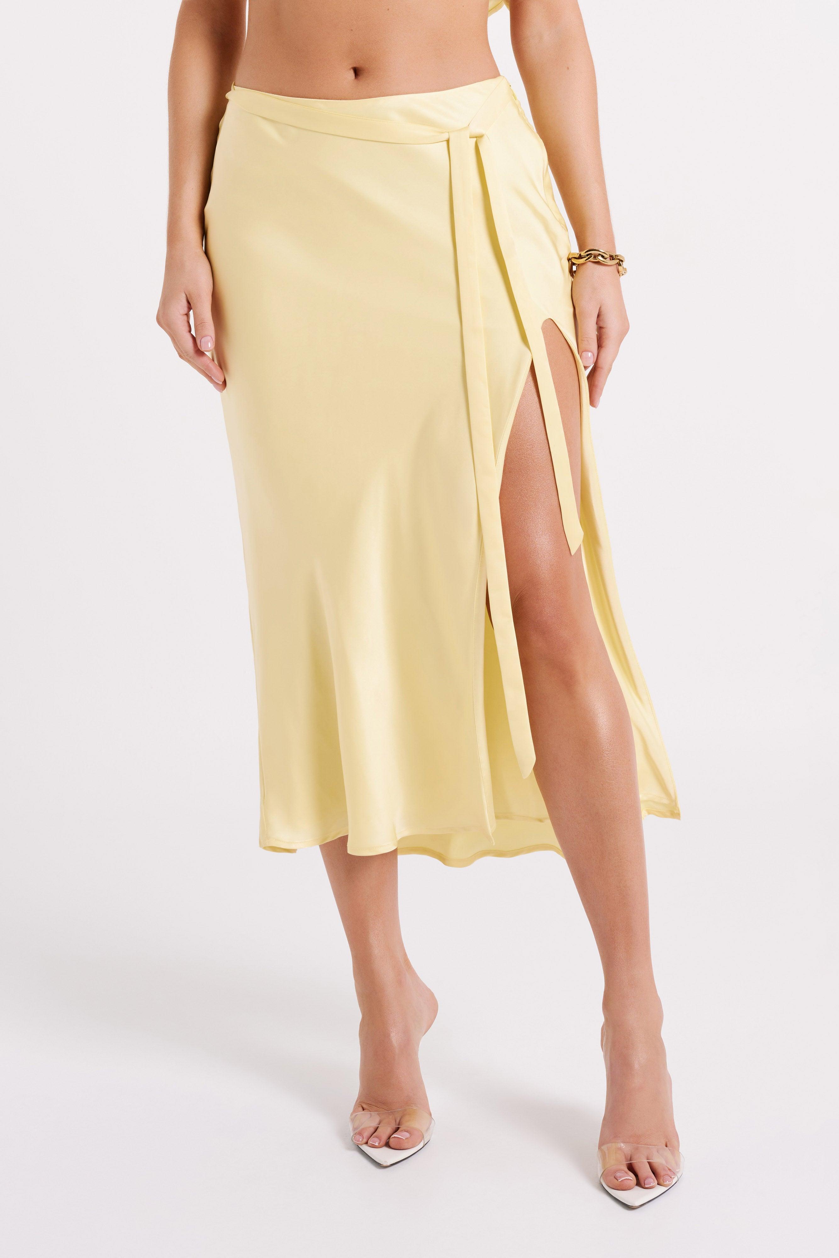 Edie Satin Midi Skirt With Tie - Yellow Product Image