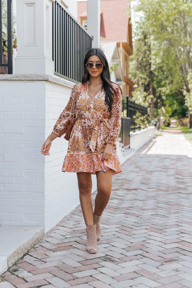 Orange Floral Print Belted Mini Dress - FINAL SALE Product Image